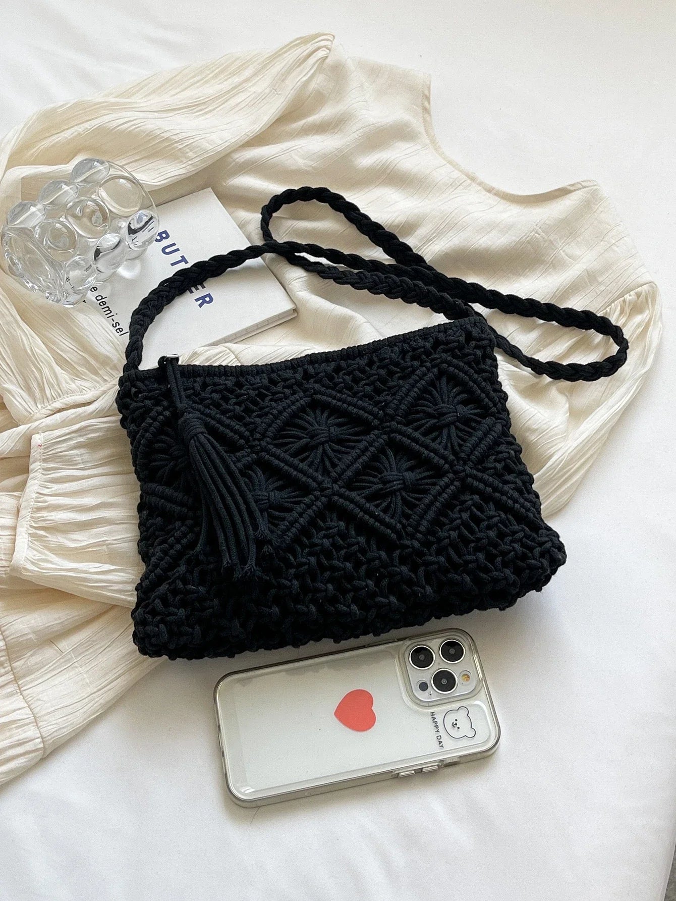 🖤 Macramé Crossbody Tas – Handgemaakt & Tijdloos