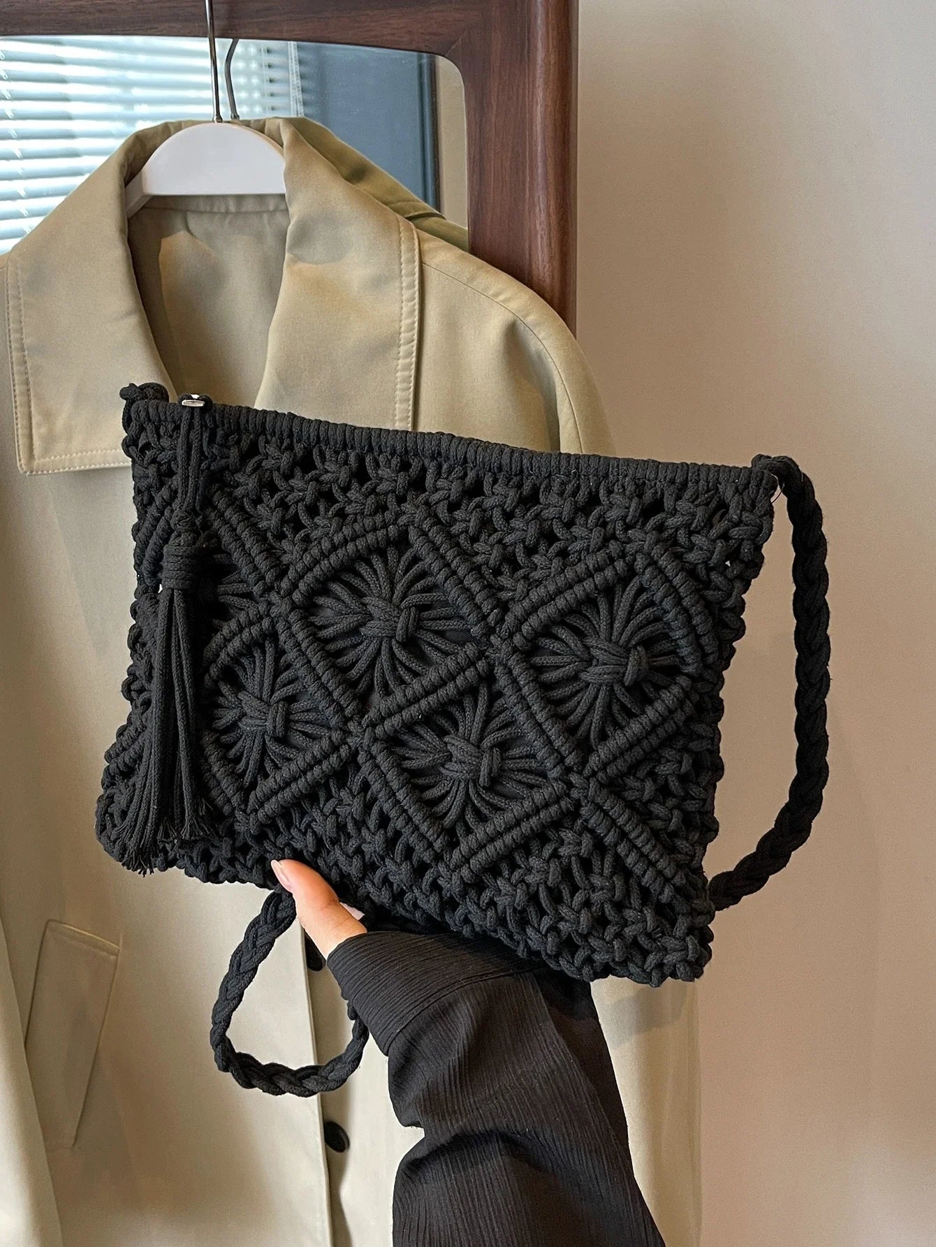 🖤 Macramé Crossbody Tas – Handgemaakt & Tijdloos
