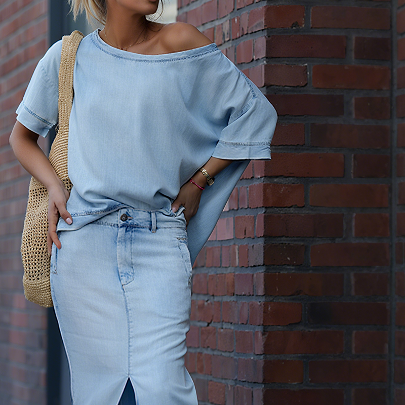 Dames diagonale schoudertop met gesplitste denim lange rok